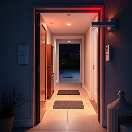 apartment entry secured with bolt lock,connected smart home with multiple sensors,emergency alert system inside hallway,flashing red home security alert light at night,ai security camera scanning for movement,night vision security camera watching driveway