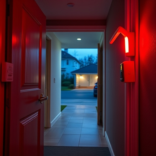 apartment entry secured with bolt lock,connected smart home with multiple sensors,emergency alert system inside hallway,flashing red home security alert light at night,ai security camera scanning for movement,night vision security camera watching driveway