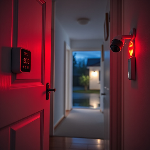 apartment entry secured with bolt lock,connected smart home with multiple sensors,emergency alert system inside hallway,flashing red home security alert light at night,ai security camera scanning for movement,night vision security camera watching driveway