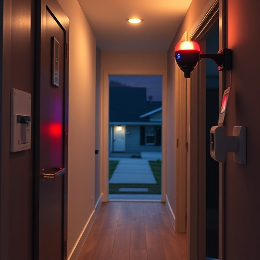 apartment entry secured with bolt lock,connected smart home with multiple sensors,emergency alert system inside hallway,flashing red home security alert light at night,ai security camera scanning for movement,night vision security camera watching driveway