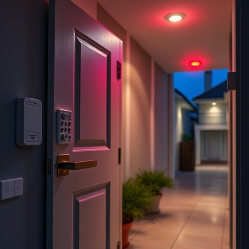 apartment entry secured with bolt lock,connected smart home with multiple sensors,emergency alert system inside hallway,flashing red home security alert light at night,ai security camera scanning for movement,night vision security camera watching driveway