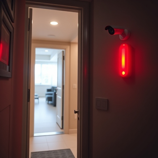 apartment entry secured with bolt lock,connected smart home with multiple sensors,emergency alert system inside hallway,flashing red home security alert light at night,ai security camera scanning for movement,night vision security camera watching driveway