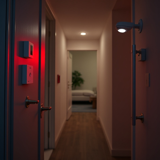 apartment entry secured with bolt lock,connected smart home with multiple sensors,emergency alert system inside hallway,flashing red home security alert light at night,ai security camera scanning for movement,night vision security camera watching driveway