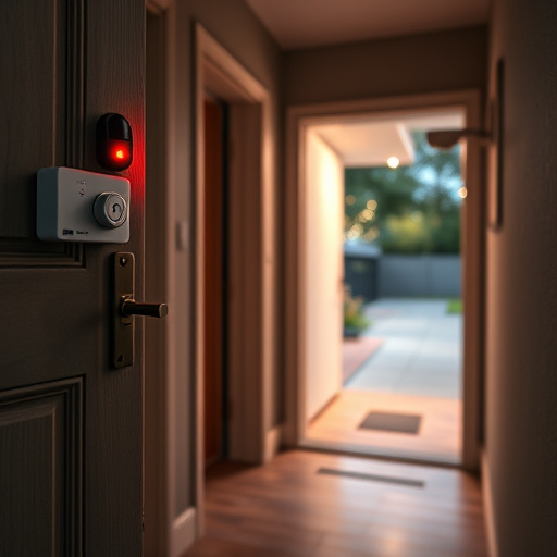apartment entry secured with bolt lock,connected smart home with multiple sensors,emergency alert system inside hallway,flashing red home security alert light at night,ai security camera scanning for movement,night vision security camera watching driveway
