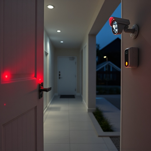 apartment entry secured with bolt lock,connected smart home with multiple sensors,emergency alert system inside hallway,flashing red home security alert light at night,ai security camera scanning for movement,night vision security camera watching driveway
