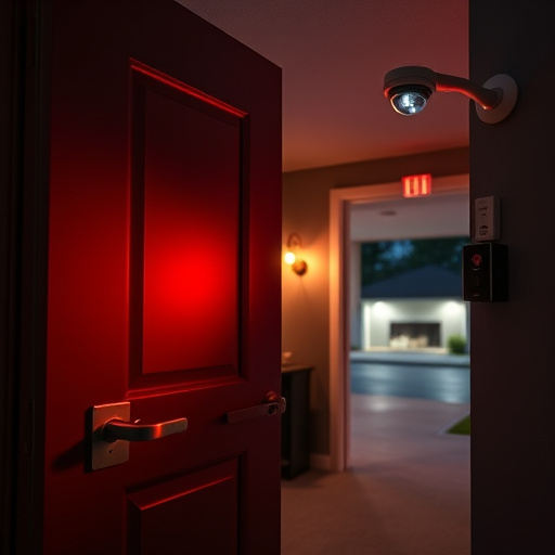 apartment entry secured with bolt lock,connected smart home with multiple sensors,emergency alert system inside hallway,flashing red home security alert light at night,ai security camera scanning for movement,night vision security camera watching driveway