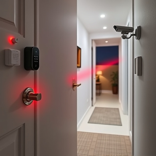 apartment entry secured with bolt lock,connected smart home with multiple sensors,emergency alert system inside hallway,flashing red home security alert light at night,ai security camera scanning for movement,night vision security camera watching driveway