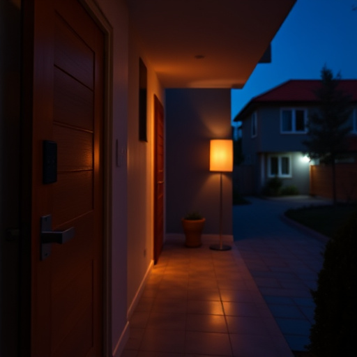 apartment entry secured with bolt lock,connected smart home with multiple sensors,emergency alert system inside hallway,flashing red home security alert light at night,ai security camera scanning for movement,night vision security camera watching driveway