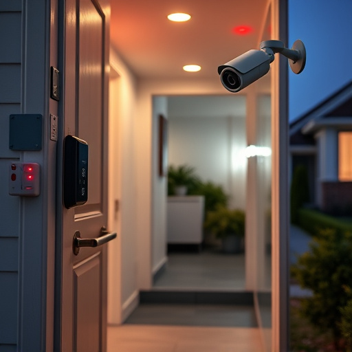 apartment entry secured with bolt lock,connected smart home with multiple sensors,emergency alert system inside hallway,flashing red home security alert light at night,ai security camera scanning for movement,night vision security camera watching driveway