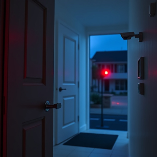 apartment entry secured with bolt lock,connected smart home with multiple sensors,emergency alert system inside hallway,flashing red home security alert light at night,ai security camera scanning for movement,night vision security camera watching driveway