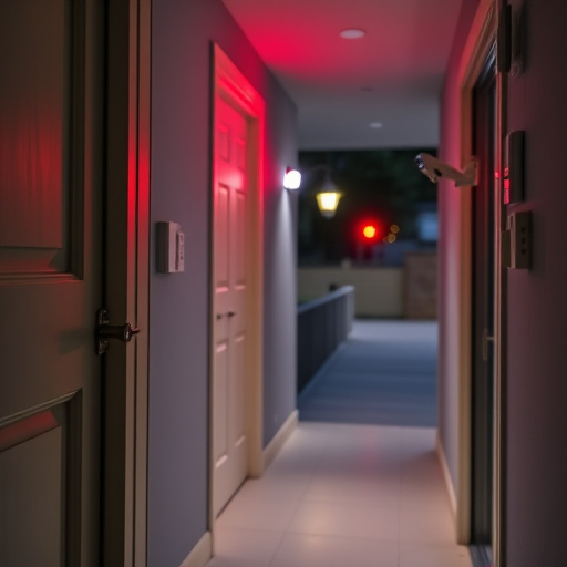 apartment entry secured with bolt lock,connected smart home with multiple sensors,emergency alert system inside hallway,flashing red home security alert light at night,ai security camera scanning for movement,night vision security camera watching driveway