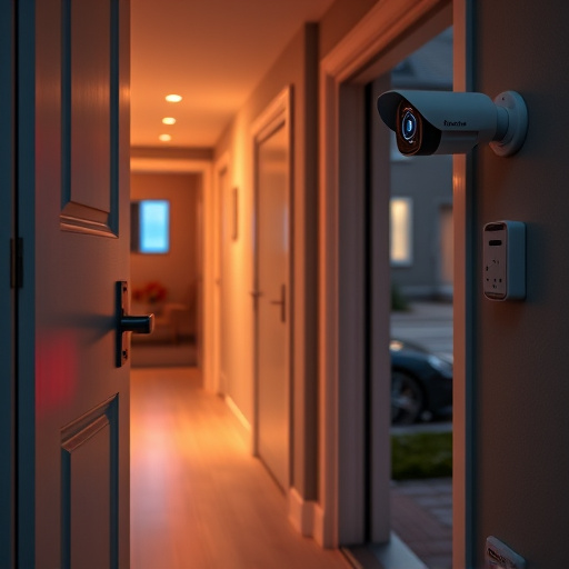 apartment entry secured with bolt lock,connected smart home with multiple sensors,emergency alert system inside hallway,flashing red home security alert light at night,ai security camera scanning for movement,night vision security camera watching driveway