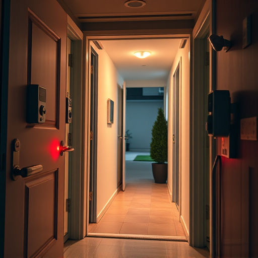 apartment entry secured with bolt lock,connected smart home with multiple sensors,emergency alert system inside hallway,flashing red home security alert light at night,ai security camera scanning for movement,night vision security camera watching driveway