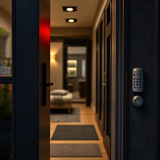 apartment entry secured with bolt lock,flashing red home security alert light at night,sensor alert notification on homeowner’s phone,smart video doorbell on suburban porch,security keypad on modern apartment wall,compact wireless doorbell at urban entry
