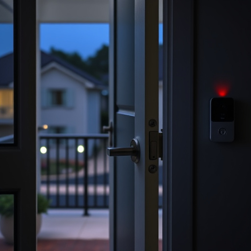 apartment entry secured with bolt lock,flashing red home security alert light at night,sensor alert notification on homeowner’s phone,smart video doorbell on suburban porch,security keypad on modern apartment wall,compact wireless doorbell at urban entry