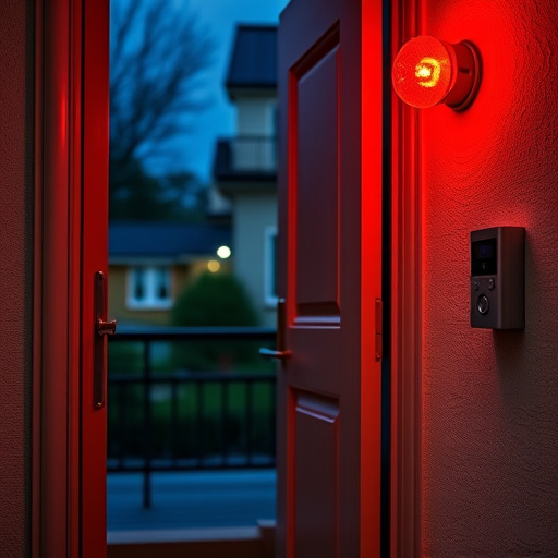 apartment entry secured with bolt lock,flashing red home security alert light at night,sensor alert notification on homeowner’s phone,smart video doorbell on suburban porch,security keypad on modern apartment wall,compact wireless doorbell at urban entry