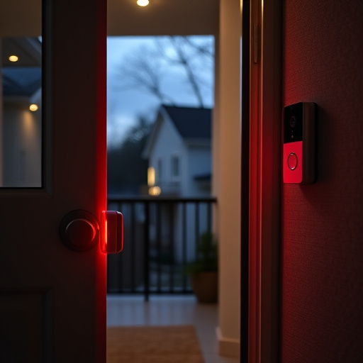 apartment entry secured with bolt lock,flashing red home security alert light at night,sensor alert notification on homeowner’s phone,smart video doorbell on suburban porch,security keypad on modern apartment wall,compact wireless doorbell at urban entry