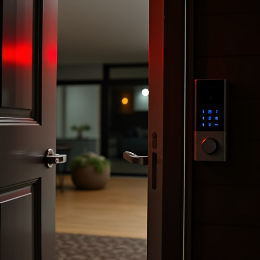 apartment entry secured with bolt lock,flashing red home security alert light at night,sensor alert notification on homeowner’s phone,smart video doorbell on suburban porch,security keypad on modern apartment wall,compact wireless doorbell at urban entry