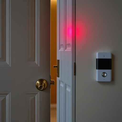 apartment entry secured with bolt lock,flashing red home security alert light at night,sensor alert notification on homeowner’s phone,smart video doorbell on suburban porch,security keypad on modern apartment wall,compact wireless doorbell at urban entry