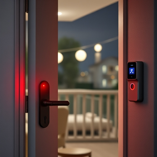 apartment entry secured with bolt lock,flashing red home security alert light at night,sensor alert notification on homeowner’s phone,smart video doorbell on suburban porch,security keypad on modern apartment wall,compact wireless doorbell at urban entry