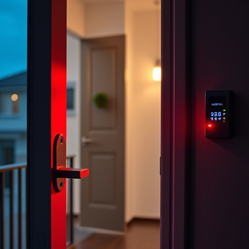 apartment entry secured with bolt lock,flashing red home security alert light at night,sensor alert notification on homeowner’s phone,smart video doorbell on suburban porch,security keypad on modern apartment wall,compact wireless doorbell at urban entry