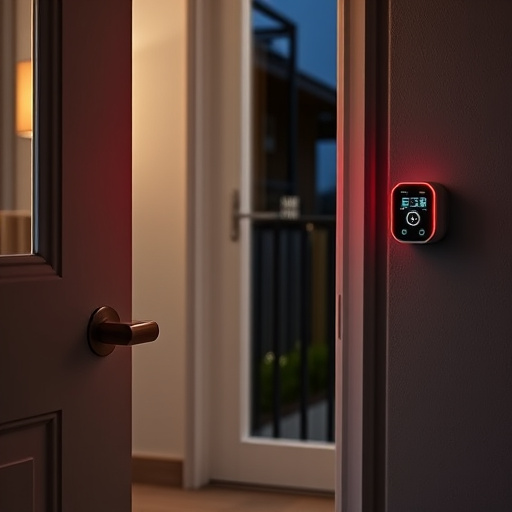 apartment entry secured with bolt lock,flashing red home security alert light at night,sensor alert notification on homeowner’s phone,smart video doorbell on suburban porch,security keypad on modern apartment wall,compact wireless doorbell at urban entry