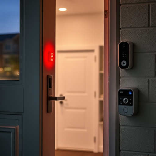 apartment entry secured with bolt lock,flashing red home security alert light at night,sensor alert notification on homeowner’s phone,smart video doorbell on suburban porch,security keypad on modern apartment wall,compact wireless doorbell at urban entry
