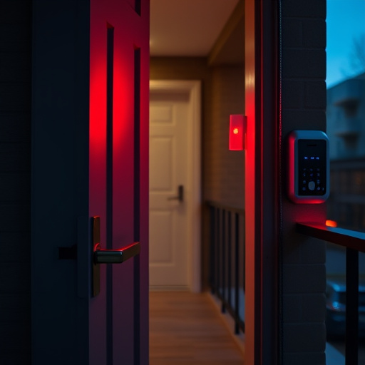 apartment entry secured with bolt lock,flashing red home security alert light at night,sensor alert notification on homeowner’s phone,smart video doorbell on suburban porch,security keypad on modern apartment wall,compact wireless doorbell at urban entry