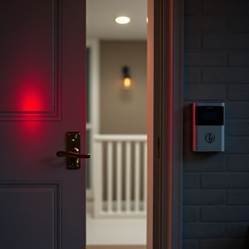 apartment entry secured with bolt lock,flashing red home security alert light at night,sensor alert notification on homeowner’s phone,smart video doorbell on suburban porch,security keypad on modern apartment wall,compact wireless doorbell at urban entry