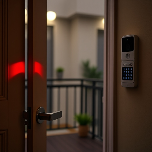 apartment entry secured with bolt lock,flashing red home security alert light at night,sensor alert notification on homeowner’s phone,smart video doorbell on suburban porch,security keypad on modern apartment wall,compact wireless doorbell at urban entry