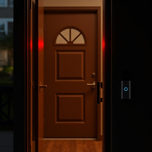 apartment entry secured with bolt lock,flashing red home security alert light at night,sensor alert notification on homeowner’s phone,smart video doorbell on suburban porch,security keypad on modern apartment wall,compact wireless doorbell at urban entry