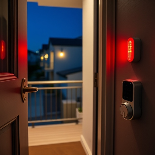 apartment entry secured with bolt lock,flashing red home security alert light at night,sensor alert notification on homeowner’s phone,smart video doorbell on suburban porch,security keypad on modern apartment wall,compact wireless doorbell at urban entry