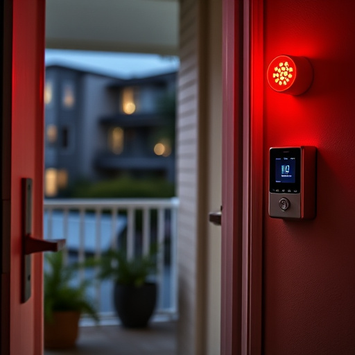 apartment entry secured with bolt lock,flashing red home security alert light at night,sensor alert notification on homeowner’s phone,smart video doorbell on suburban porch,security keypad on modern apartment wall,compact wireless doorbell at urban entry