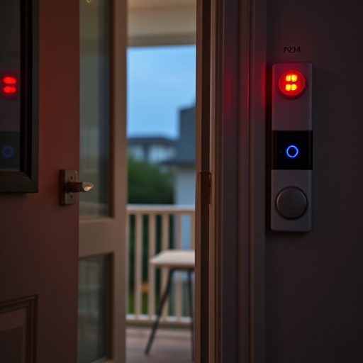 apartment entry secured with bolt lock,flashing red home security alert light at night,sensor alert notification on homeowner’s phone,smart video doorbell on suburban porch,security keypad on modern apartment wall,compact wireless doorbell at urban entry