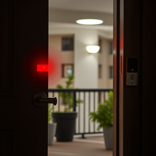 apartment entry secured with bolt lock,flashing red home security alert light at night,sensor alert notification on homeowner’s phone,smart video doorbell on suburban porch,security keypad on modern apartment wall,compact wireless doorbell at urban entry