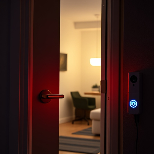 apartment entry secured with bolt lock,flashing red home security alert light at night,sensor alert notification on homeowner’s phone,smart video doorbell on suburban porch,security keypad on modern apartment wall,compact wireless doorbell at urban entry