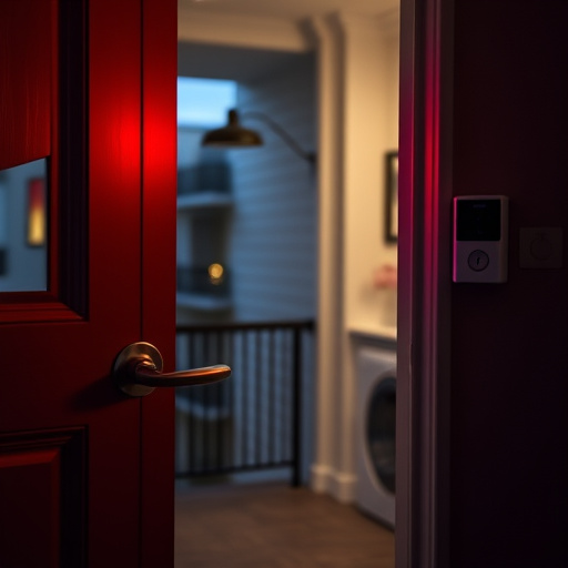 apartment entry secured with bolt lock,flashing red home security alert light at night,sensor alert notification on homeowner’s phone,smart video doorbell on suburban porch,security keypad on modern apartment wall,compact wireless doorbell at urban entry