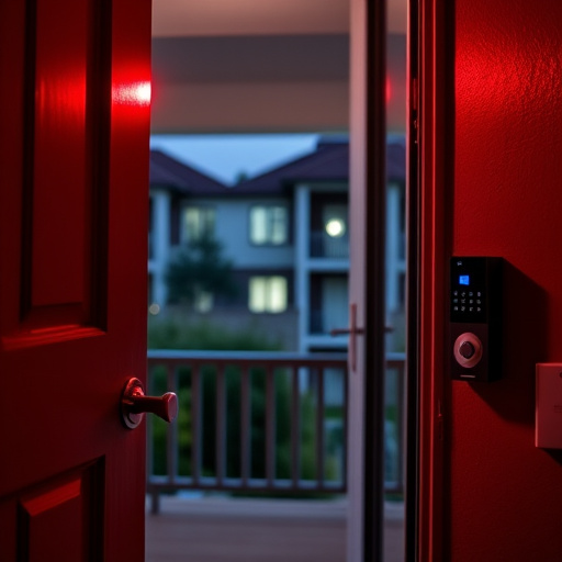 apartment entry secured with bolt lock,flashing red home security alert light at night,sensor alert notification on homeowner’s phone,smart video doorbell on suburban porch,security keypad on modern apartment wall,compact wireless doorbell at urban entry