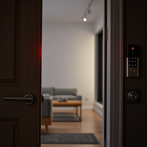apartment entry secured with bolt lock,flashing red home security alert light at night,sensor alert notification on homeowner’s phone,smart video doorbell on suburban porch,security keypad on modern apartment wall,compact wireless doorbell at urban entry