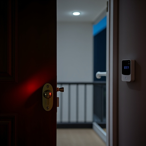 apartment entry secured with bolt lock,flashing red home security alert light at night,sensor alert notification on homeowner’s phone,smart video doorbell on suburban porch,security keypad on modern apartment wall,compact wireless doorbell at urban entry