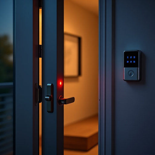 apartment entry secured with bolt lock,flashing red home security alert light at night,sensor alert notification on homeowner’s phone,smart video doorbell on suburban porch,security keypad on modern apartment wall,compact wireless doorbell at urban entry