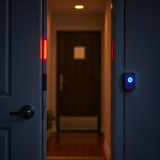 apartment entry secured with bolt lock,flashing red home security alert light at night,sensor alert notification on homeowner’s phone,smart video doorbell on suburban porch,security keypad on modern apartment wall,compact wireless doorbell at urban entry
