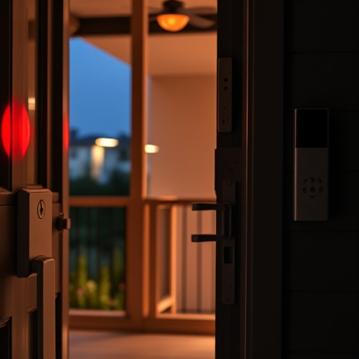 apartment entry secured with bolt lock,flashing red home security alert light at night,sensor alert notification on homeowner’s phone,smart video doorbell on suburban porch,security keypad on modern apartment wall,compact wireless doorbell at urban entry