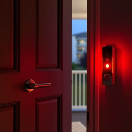 apartment entry secured with bolt lock,flashing red home security alert light at night,sensor alert notification on homeowner’s phone,smart video doorbell on suburban porch,security keypad on modern apartment wall,compact wireless doorbell at urban entry