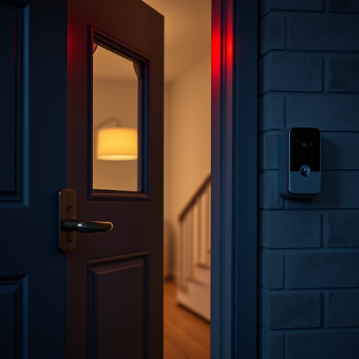 apartment entry secured with bolt lock,flashing red home security alert light at night,sensor alert notification on homeowner’s phone,smart video doorbell on suburban porch,security keypad on modern apartment wall,compact wireless doorbell at urban entry