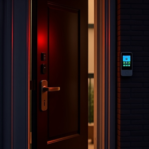 apartment entry secured with bolt lock,flashing red home security alert light at night,sensor alert notification on homeowner’s phone,smart video doorbell on suburban porch,security keypad on modern apartment wall,compact wireless doorbell at urban entry