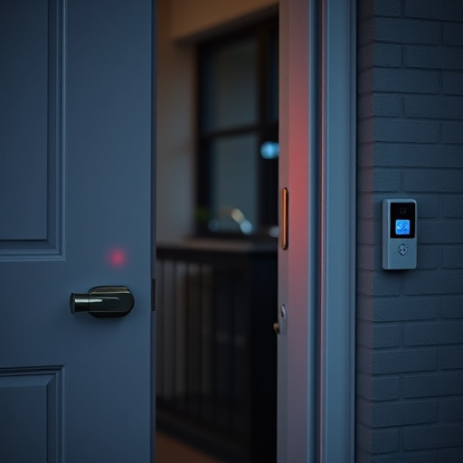 apartment entry secured with bolt lock,flashing red home security alert light at night,sensor alert notification on homeowner’s phone,smart video doorbell on suburban porch,security keypad on modern apartment wall,compact wireless doorbell at urban entry