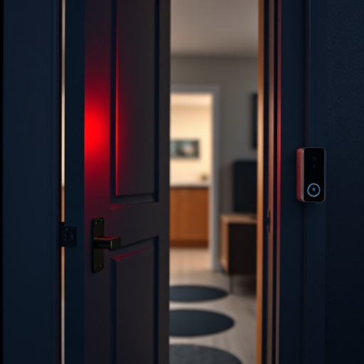 apartment entry secured with bolt lock,flashing red home security alert light at night,sensor alert notification on homeowner’s phone,smart video doorbell on suburban porch,security keypad on modern apartment wall,compact wireless doorbell at urban entry