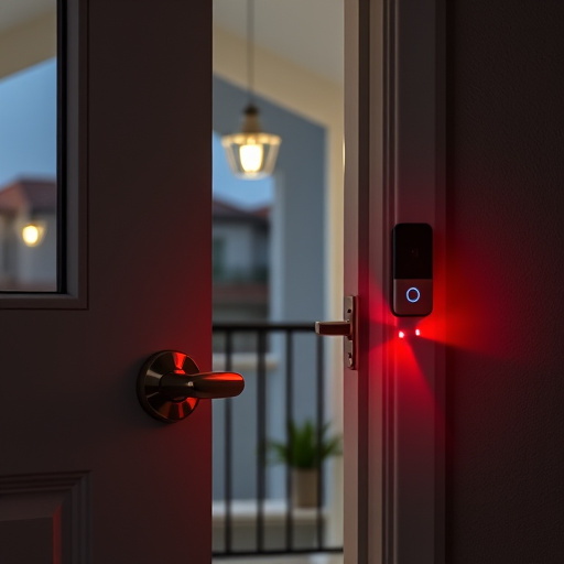 apartment entry secured with bolt lock,flashing red home security alert light at night,sensor alert notification on homeowner’s phone,smart video doorbell on suburban porch,security keypad on modern apartment wall,compact wireless doorbell at urban entry