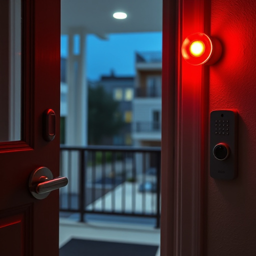 apartment entry secured with bolt lock,flashing red home security alert light at night,sensor alert notification on homeowner’s phone,smart video doorbell on suburban porch,security keypad on modern apartment wall,compact wireless doorbell at urban entry